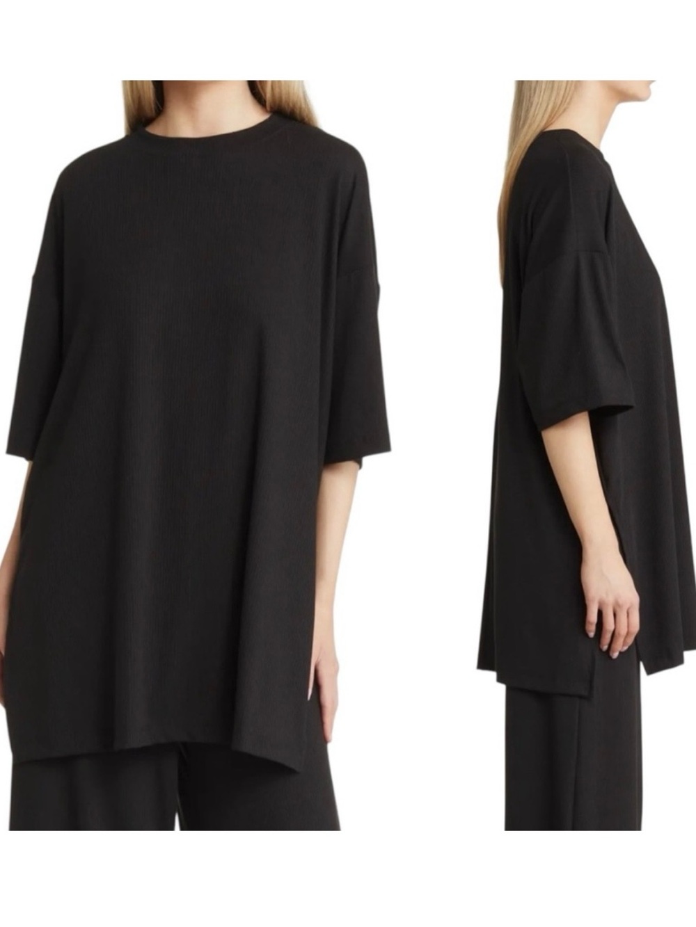 Dressed In Lala Lex Ribbed Oversized Tee Shirt Black Split Hem